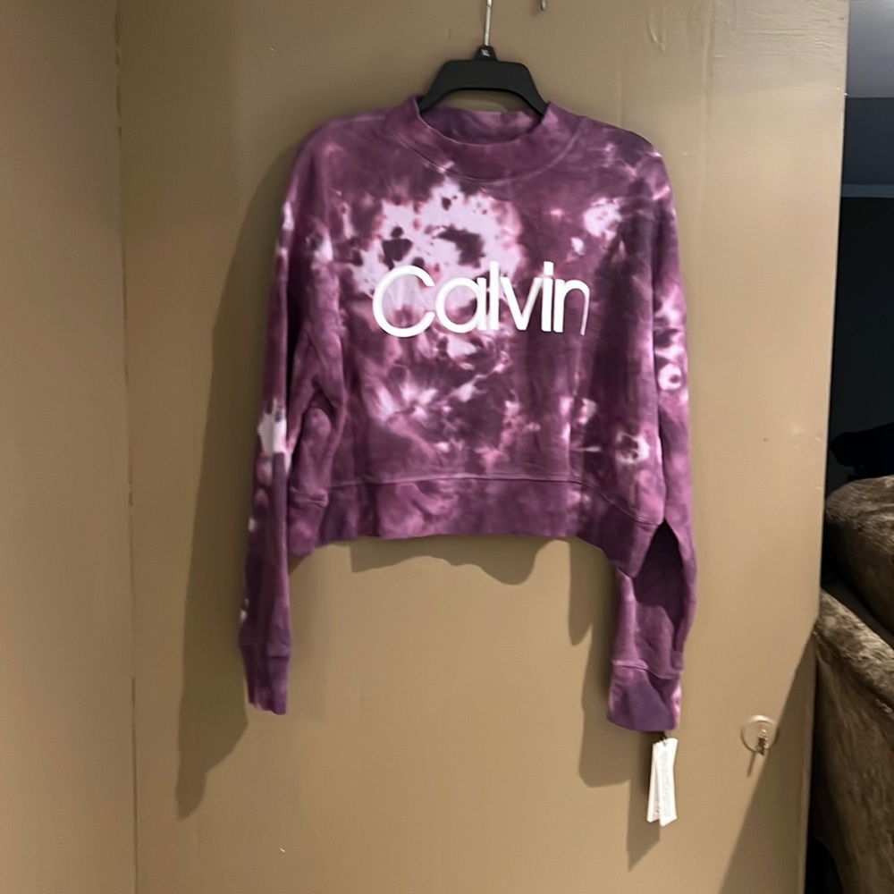 Calvin Klein Performance Cropped Tie Dye Crew Neck Sweatshirt in Purple XL NEW